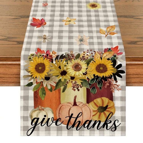 NWT- Gray & White Buffalo Check- Give Thanks π»π Mason Jars Table Runner 72x13 - Picture 2 of 6